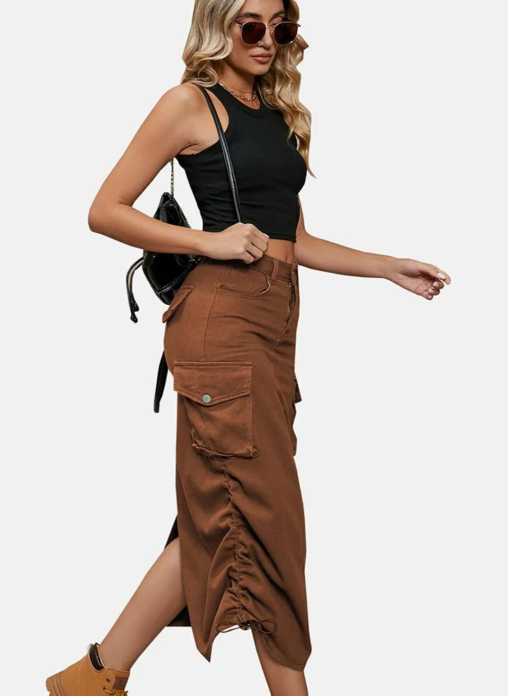 YUNIQEE Brown Mid Rise Plain Midi Skirt