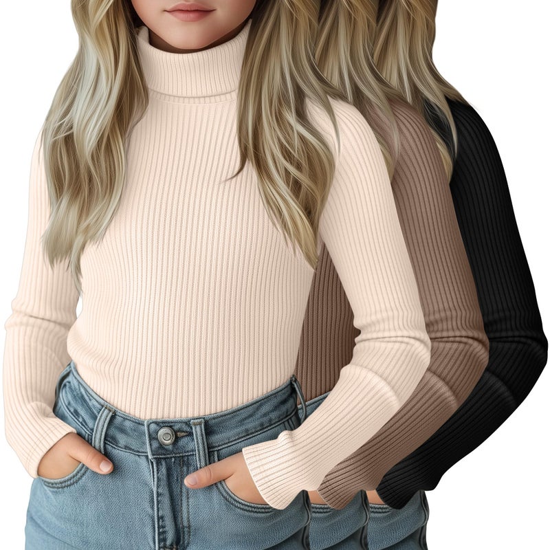 LessonZoo 3 Pack Girls Turtleneck Long Sleeve Shirts Ribbed Knit Cotton Layer Tops Slim Fit Casual Undershirts 5-14 Years(Black, Mocha, Cream,9-10 Years) - Image 1