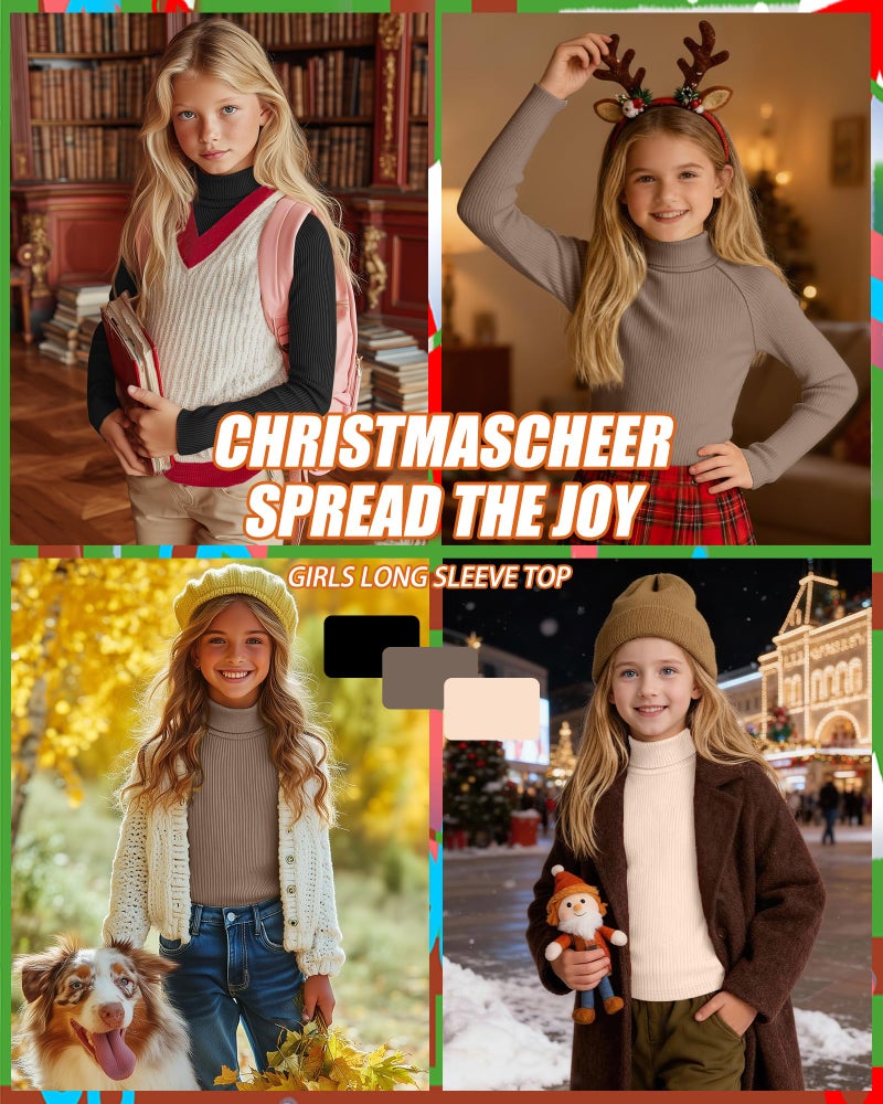 LessonZoo 3 Pack Girls Turtleneck Long Sleeve Shirts Ribbed Knit Cotton Layer Tops Slim Fit Casual Undershirts 5-14 Years(Black, Mocha, Cream,9-10 Years) - Image 2