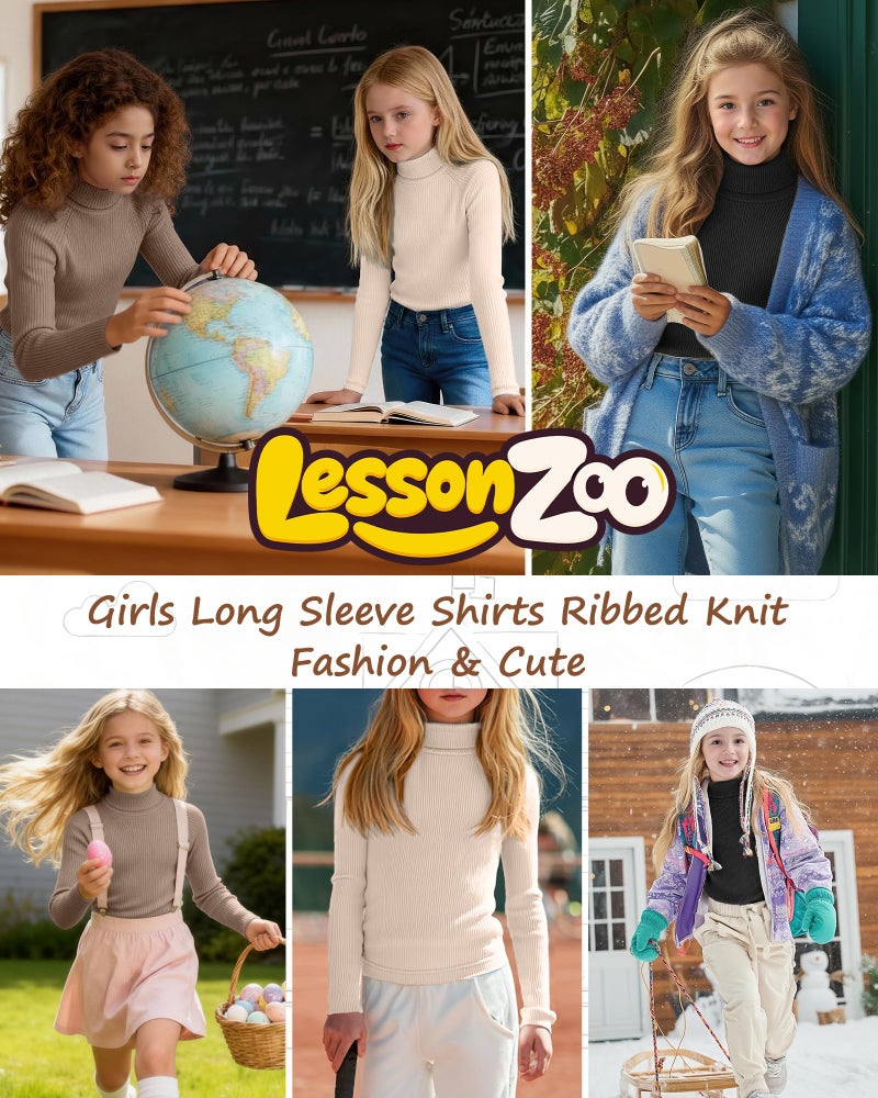 LessonZoo 3 Pack Girls Turtleneck Long Sleeve Shirts Ribbed Knit Cotton Layer Tops Slim Fit Casual Undershirts 5-14 Years(Black, Mocha, Cream,9-10 Years) - Image 4