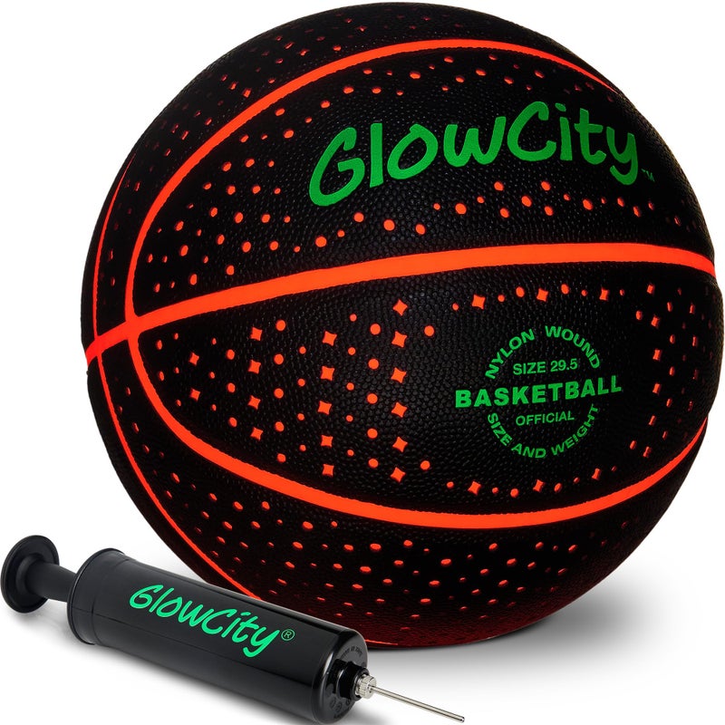 GlowCity كرة سلة متوهجة في الظلام من جلو سيتي للمراهقين - هدية كرة سلة - كرة سلة حمراء متوهجة، لعبة LED مضيئة لألعاب الكرة الليلية - أدوات رياضية وأجهزة للأطفال من عمر 8 سنوات وما فوق - Image 1