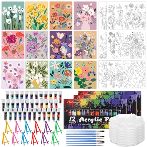 Sherr 108 Pcs 12 Set Flower Sip and Paint Kit for Adults 8x10 Pre Drawn Canvas to Paint DIY Acrylic Painting Kit Pre Printed Canvas for Date Night Mothers Day Party Team Building - Image 1