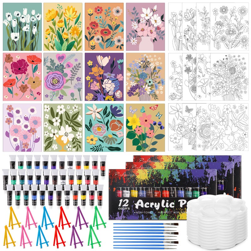 Sherr 108 Pcs 12 Set Flower Sip and Paint Kit for Adults 8x10 Pre Drawn Canvas to Paint DIY Acrylic Painting Kit Pre Printed Canvas for Date Night Mothers Day Party Team Building - Image 2