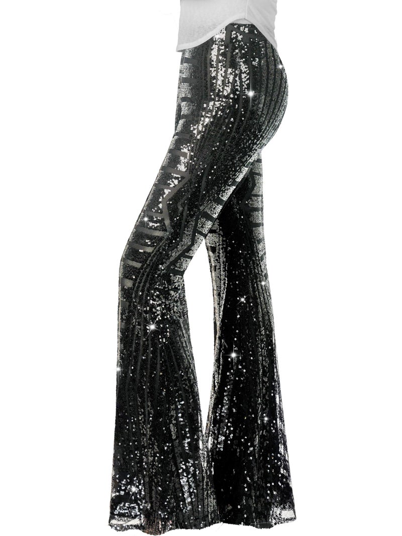 Nawgut Sequin Flare Pants Sparkly Glitter High Waisted Bell Bottom Trousers Disco Party Clubwear for Women-Large Black - Image 1