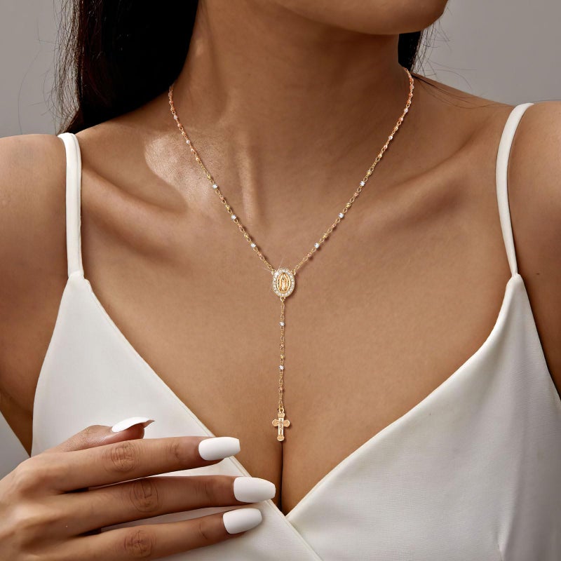 XUANPAI Women's Gold Virgin Mary Necklace - 14k Gold Plated Rosary Bead Cross Necklace,Hypoallergenic Non Tarnish Gold Catholic Y Chain Necklace,Religious Rosary Beads Crucifix Necklaces Jewelry Gift for Her - Image 2