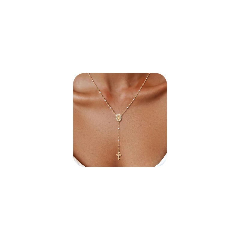 XUANPAI Women's Gold Virgin Mary Necklace - 14k Gold Plated Rosary Bead Cross Necklace,Hypoallergenic Non Tarnish Gold Catholic Y Chain Necklace,Religious Rosary Beads Crucifix Necklaces Jewelry Gift for Her - Image 1