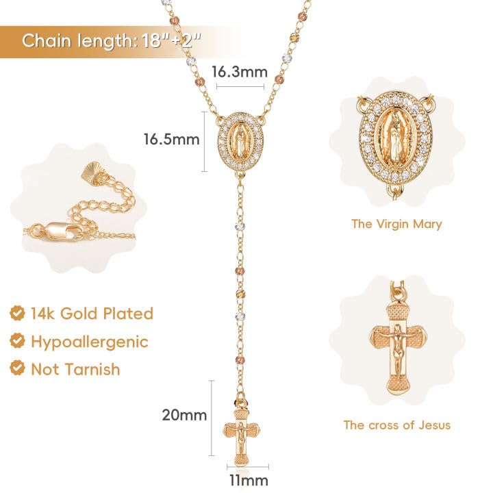 XUANPAI Women's Gold Virgin Mary Necklace - 14k Gold Plated Rosary Bead Cross Necklace,Hypoallergenic Non Tarnish Gold Catholic Y Chain Necklace,Religious Rosary Beads Crucifix Necklaces Jewelry Gift for Her - Image 4