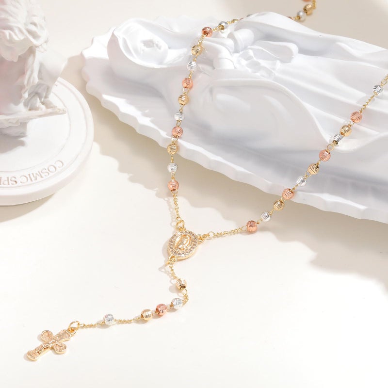 XUANPAI Women's Gold Virgin Mary Necklace - 14k Gold Plated Rosary Bead Cross Necklace,Hypoallergenic Non Tarnish Gold Catholic Y Chain Necklace,Religious Rosary Beads Crucifix Necklaces Jewelry Gift for Her - Image 5