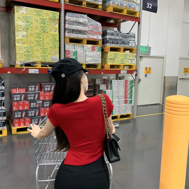 2025 Summer Square-Neck Short Slim-Fit T-Shirt, Irregular Hem, Sexy Inner Wear for Women, Slit Short-Sleeve Top, Slimming Effect - Image 4