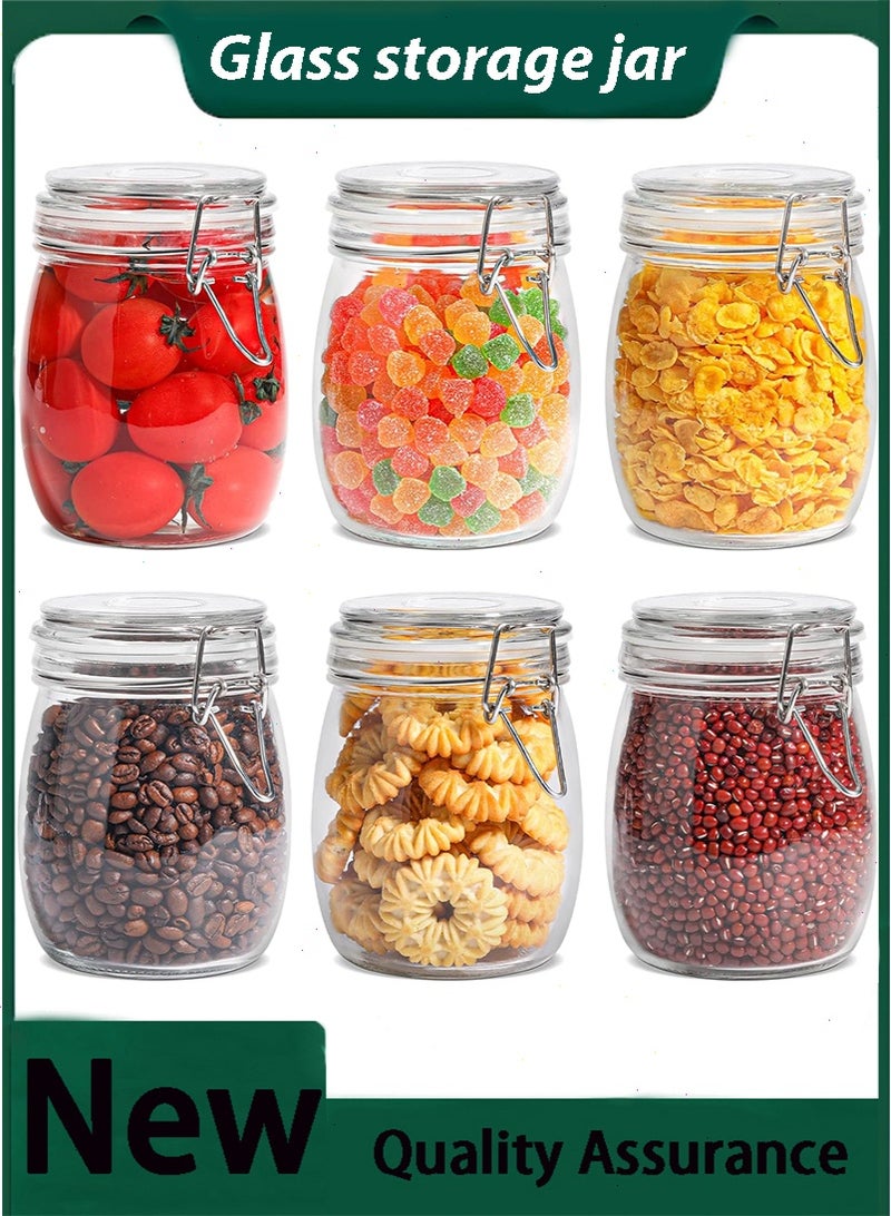 يواوليتي عبوات زجاجية محكمة الإغلاق مع أغطية، مجموعة من 6 عبوات، عبوات تخزين طعام مستديرة مع أغطية قابلة للإغلاق للمطبخ، لتعليب الحبوب والقهوة والمعكرونة والسكر والفاصوليا والتوابل، عبوات زجاجية شفافة - Image 1