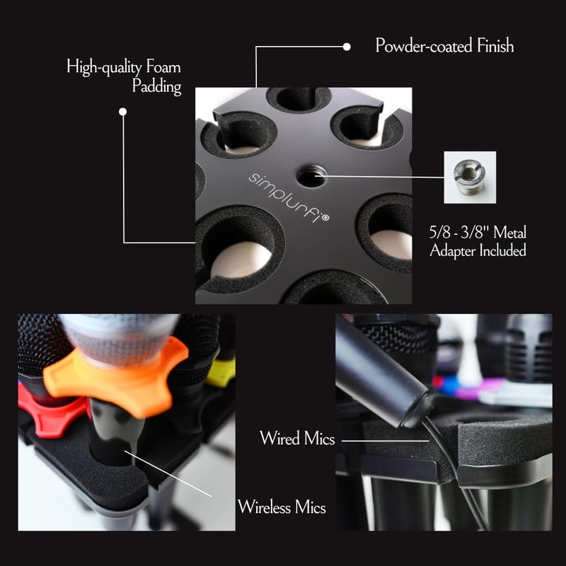 Simplurfi Multi Microphone Holder For Mic Stand - Square Tray Attachment holds up to 8 mics On Stage Organizer and Display - 8 Anti-roll Rings Included - Image 3