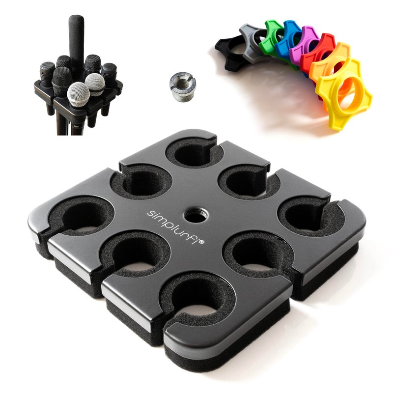 Simplurfi Multi Microphone Holder For Mic Stand - Square Tray Attachment holds up to 8 mics On Stage Organizer and Display - 8 Anti-roll Rings Included - Image 1