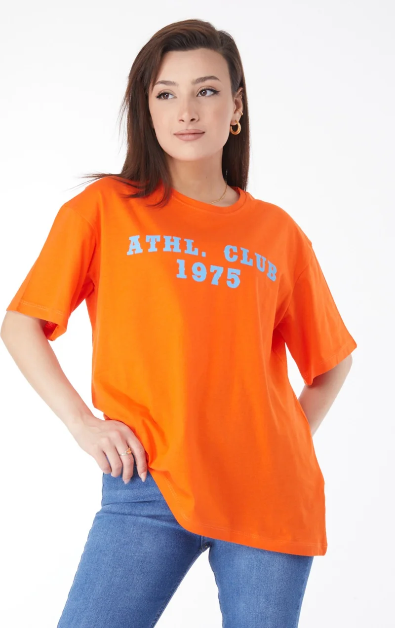 Tofisa 24644-ORANJ Crew Neck Short Sleeve Printed T-Shirt