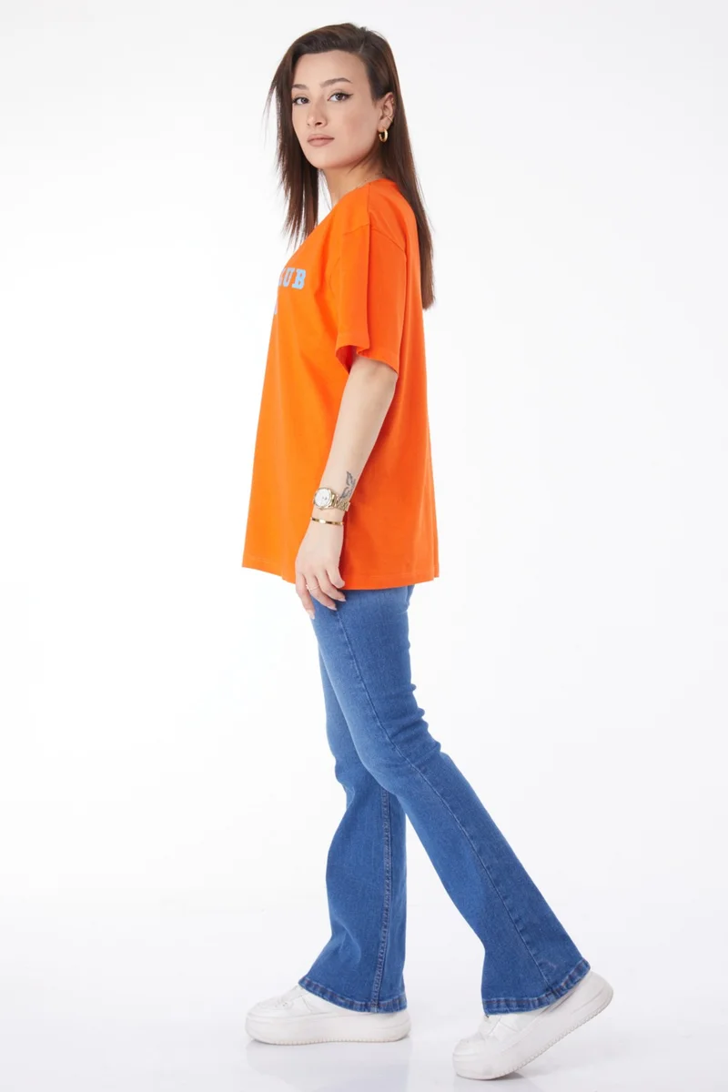 Tofisa 24644-ORANJ Crew Neck Short Sleeve Printed T-Shirt
