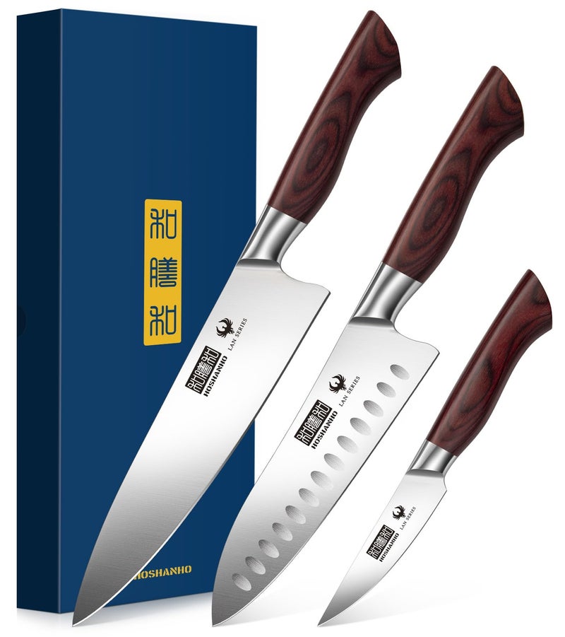 HOSHANHO 3-Piece Kitchen Knife Set, Ultra Sharp Chef/Santoku/Paring Knives,Professional High Carbon Steel Knives with Ergonomic Handle, Ideal Cooking Gift Set - Image 1