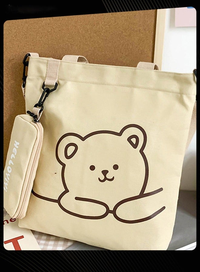 جوي شيك حقيبة كتف للطلاب مطبوعة عليها دب جميل، حقيبة كتب محمولة كبيرة الحجم قابلة للطي، حقيبة قماشية مع جراب أقلام، كاكي - Image 3