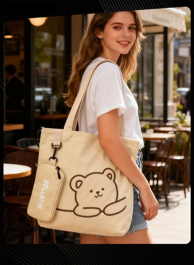 جوي شيك حقيبة كتف للطلاب مطبوعة عليها دب جميل، حقيبة كتب محمولة كبيرة الحجم قابلة للطي، حقيبة قماشية مع جراب أقلام، كاكي - Image 1