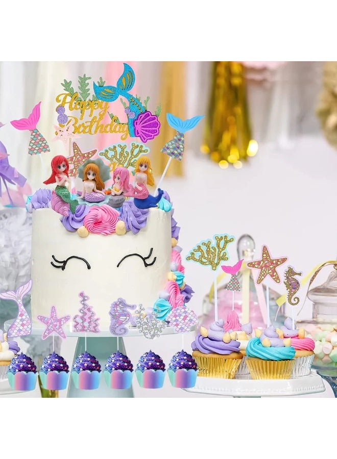 بريجووي 32 قطعة من زينة كعكة حورية البحر، زينة دمى لحفلات أعياد الميلاد ذات الطابع البحري - زينة كعكة لامعة للفتيات والأطفال - Image 5