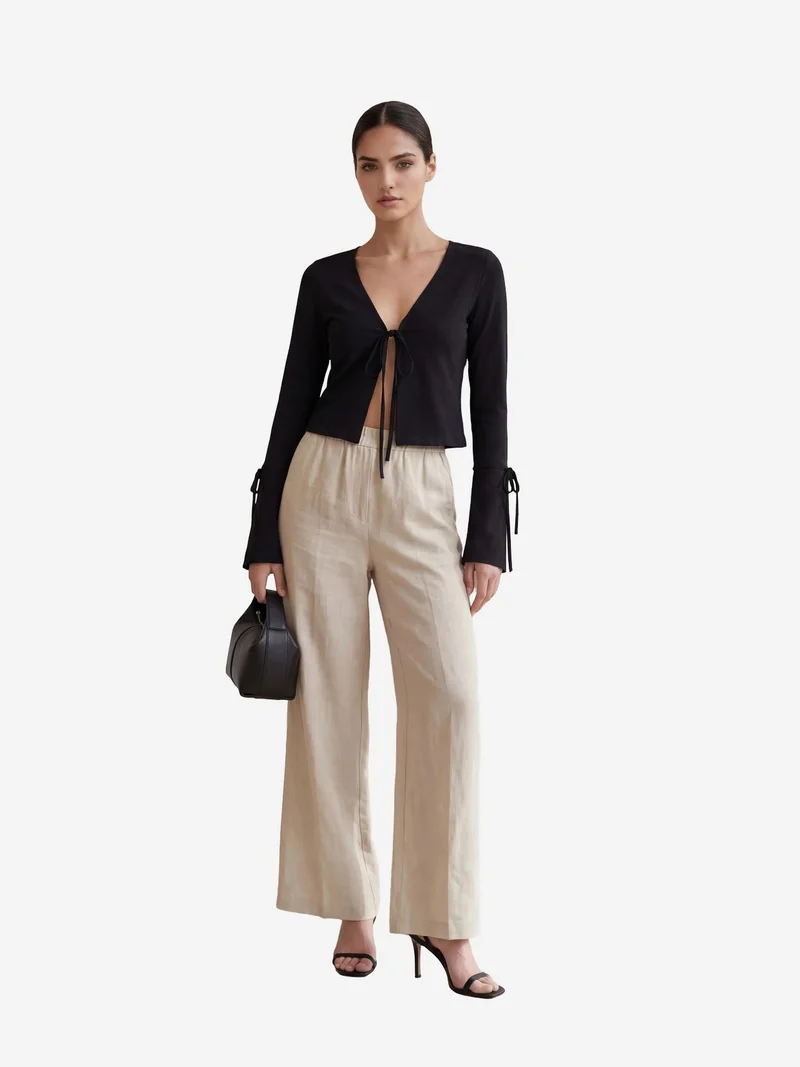 MY FASHION Black MY FASHION Crop Tie Detail V-Neck Linen Shirt for Women | Best Price UAE