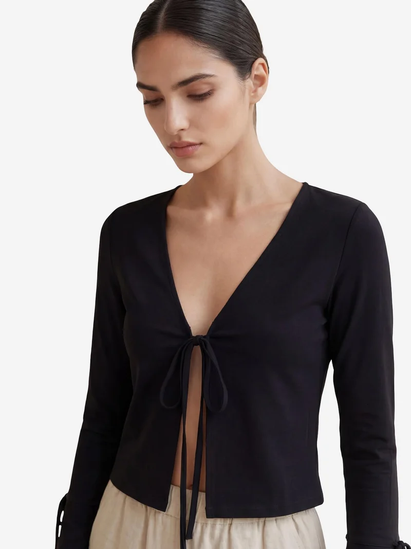 MY FASHION Black MY FASHION Crop Tie Detail V-Neck Linen Shirt for Women | Best Price UAE