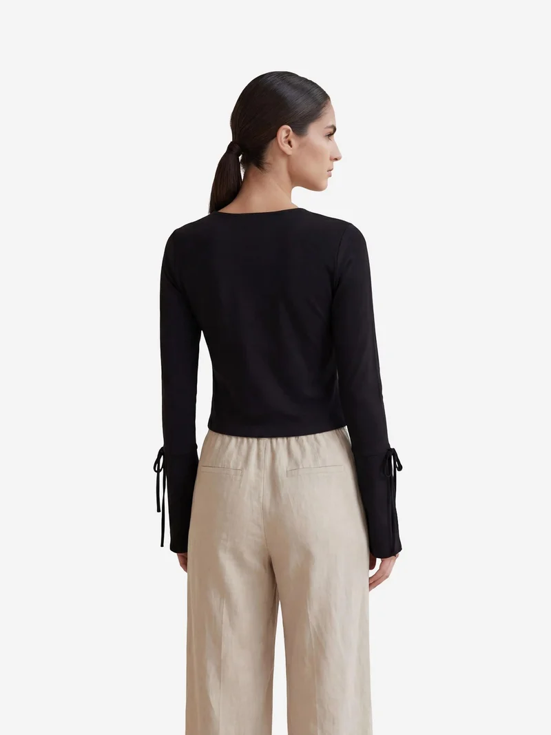 MY FASHION Black MY FASHION Crop Tie Detail V-Neck Linen Shirt for Women | Best Price UAE