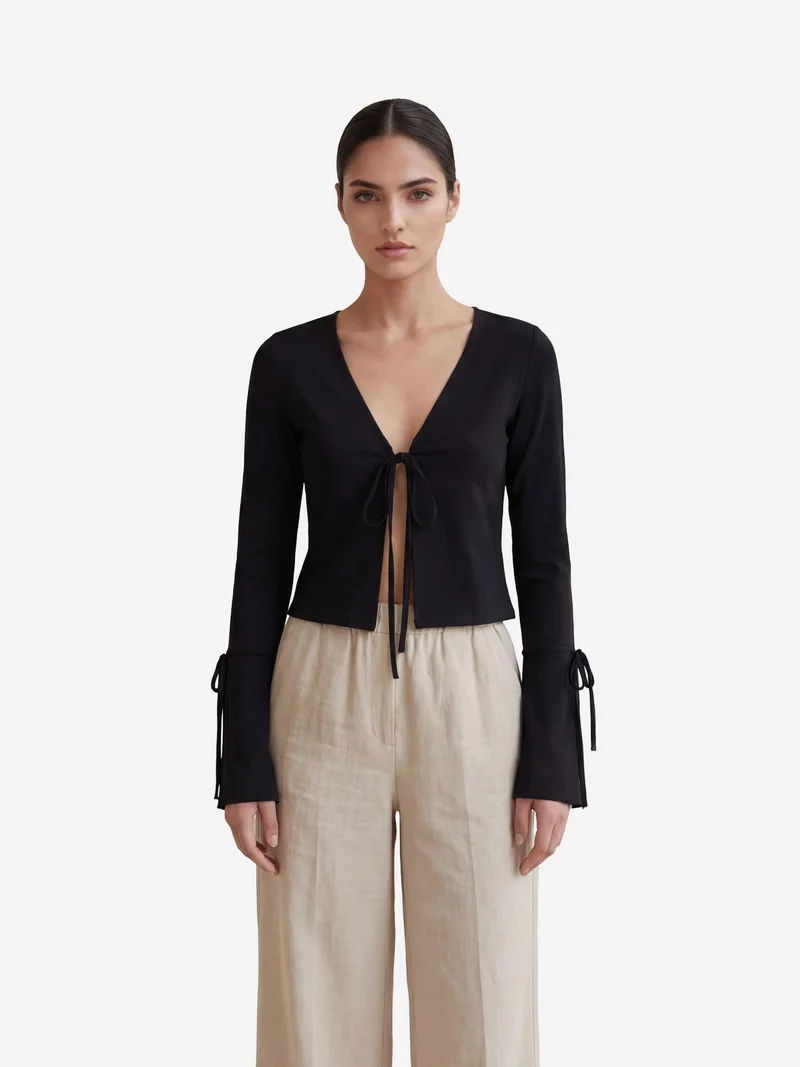 MY FASHION Crop Tie Detail V-Neck Linen Shirt