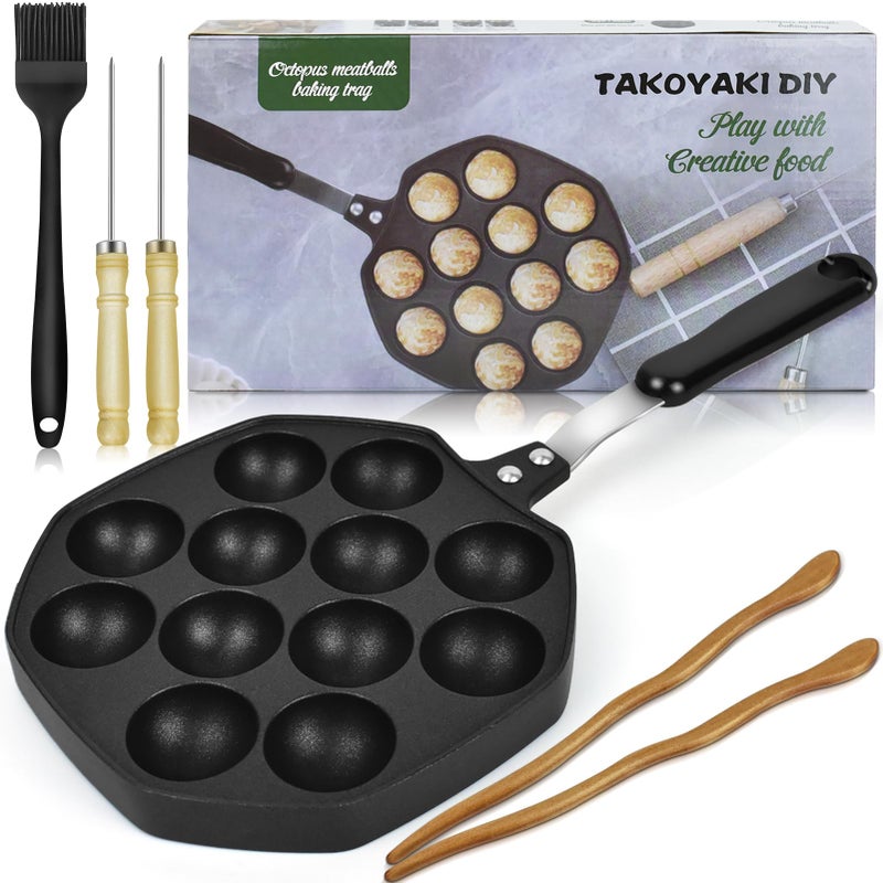 Artcome Takoyaki Pan with Handle - 12-Hole Nonstick Takoyaki Maker with 2 Wooden Picks & Silicone Brush, Octopus Ball Grill for Gas Stove, Japanese Snack Cooker for Takoyaki, Cake Pops, Aebleskiver - Image 1