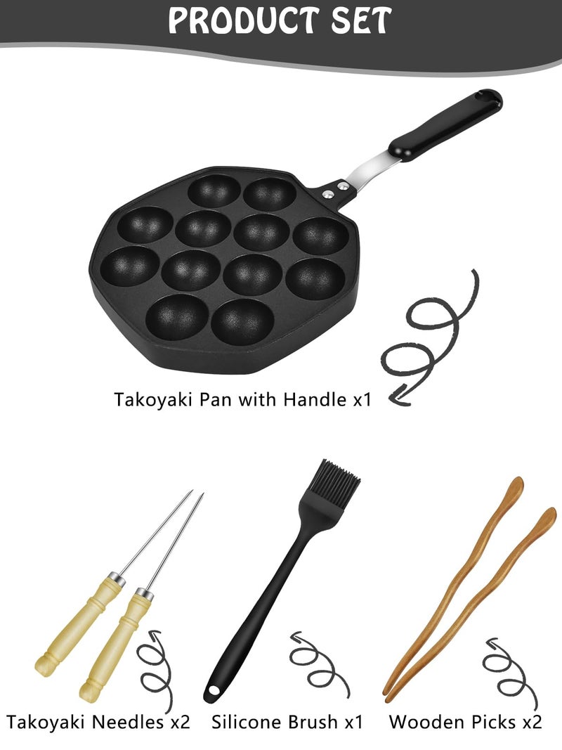 Artcome Takoyaki Pan with Handle - 12-Hole Nonstick Takoyaki Maker with 2 Wooden Picks & Silicone Brush, Octopus Ball Grill for Gas Stove, Japanese Snack Cooker for Takoyaki, Cake Pops, Aebleskiver - Image 2