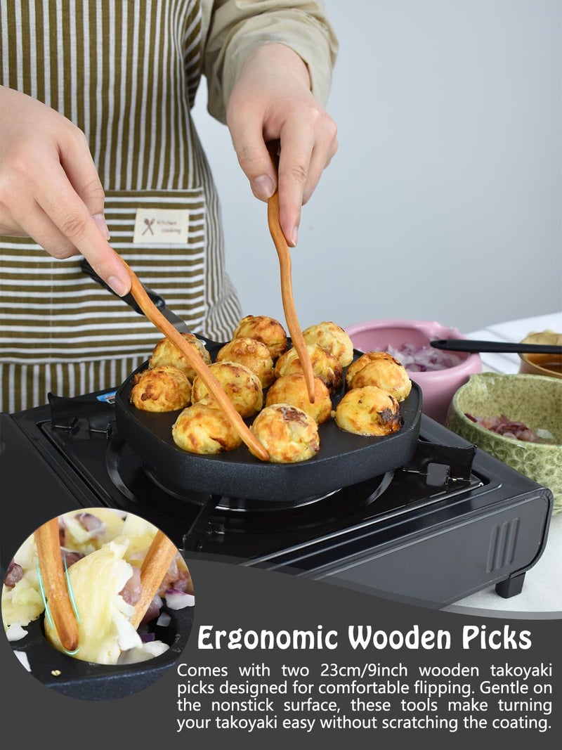 Artcome Takoyaki Pan with Handle - 12-Hole Nonstick Takoyaki Maker with 2 Wooden Picks & Silicone Brush, Octopus Ball Grill for Gas Stove, Japanese Snack Cooker for Takoyaki, Cake Pops, Aebleskiver - Image 4