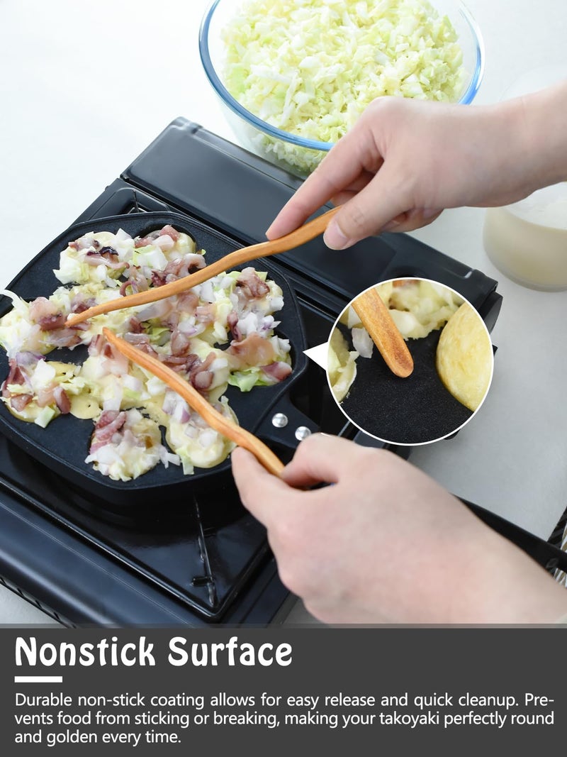 Artcome Takoyaki Pan with Handle - 12-Hole Nonstick Takoyaki Maker with 2 Wooden Picks & Silicone Brush, Octopus Ball Grill for Gas Stove, Japanese Snack Cooker for Takoyaki, Cake Pops, Aebleskiver - Image 5