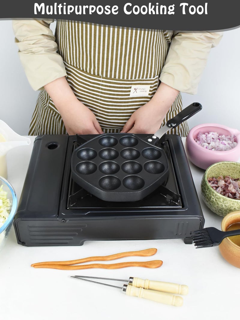 Artcome Takoyaki Pan with Handle - 12-Hole Nonstick Takoyaki Maker with 2 Wooden Picks & Silicone Brush, Octopus Ball Grill for Gas Stove, Japanese Snack Cooker for Takoyaki, Cake Pops, Aebleskiver - Image 3