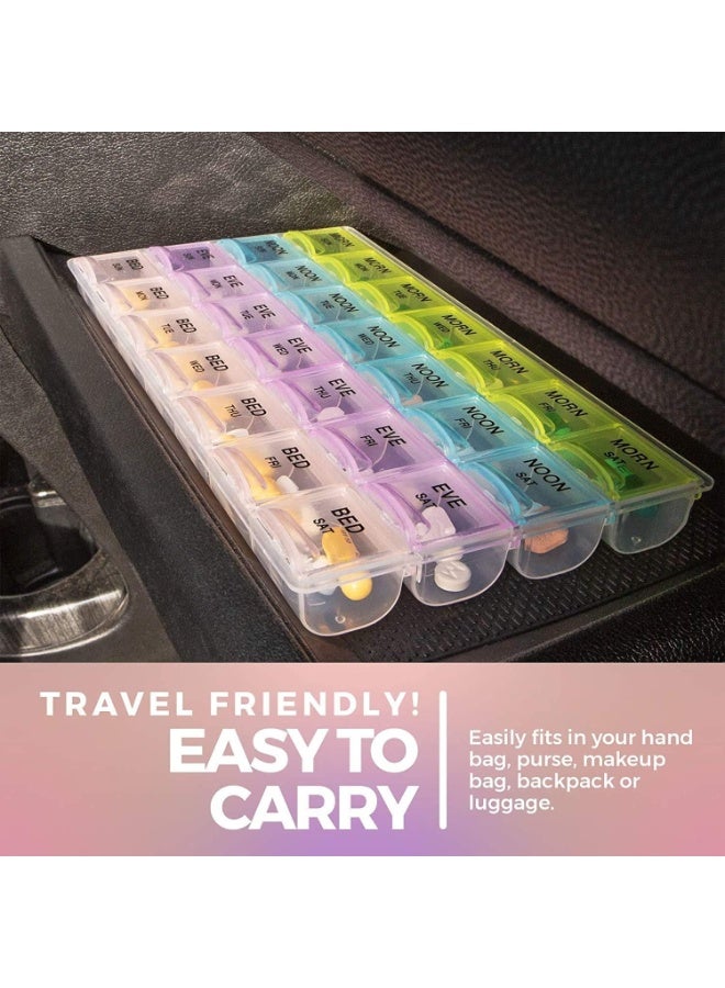 منظم أدوية أسبوعي لمدة 7 أيام - علبة تخزين حبوب تحتوي على 28 خانة مع أغطية محكمة الإغلاق للجرعات اليومية والفيتامينات والمكملات الغذائية، صغيرة الحجم ومناسبة للسفر - Image 3