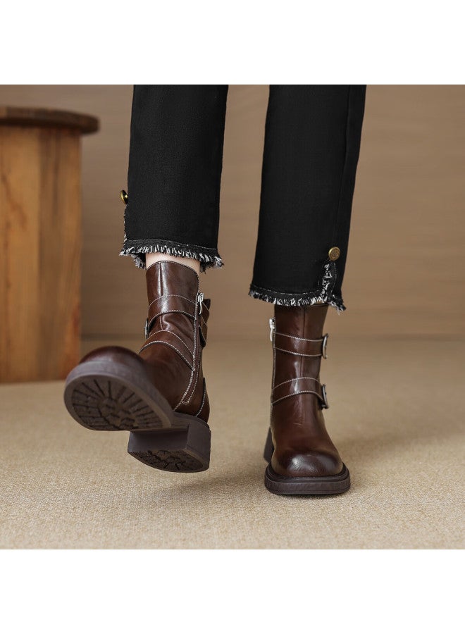 dme Demana Winter Fashion Trendy Sweet Cool Western Retro Round Toe Double Buckle Solid Color Knight Boots For Women - Image 2