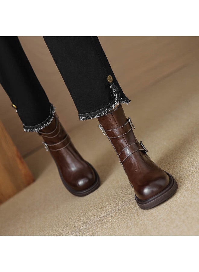 dme Demana Winter Fashion Trendy Sweet Cool Western Retro Round Toe Double Buckle Solid Color Knight Boots For Women - Image 1