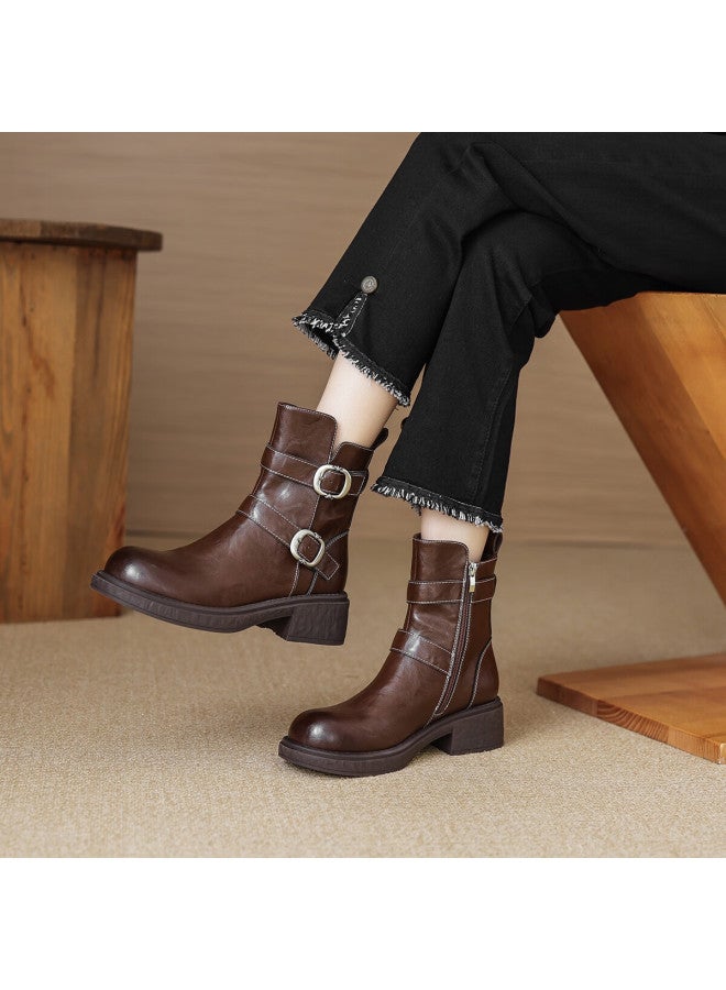 dme Demana Winter Fashion Trendy Sweet Cool Western Retro Round Toe Double Buckle Solid Color Knight Boots For Women - Image 3