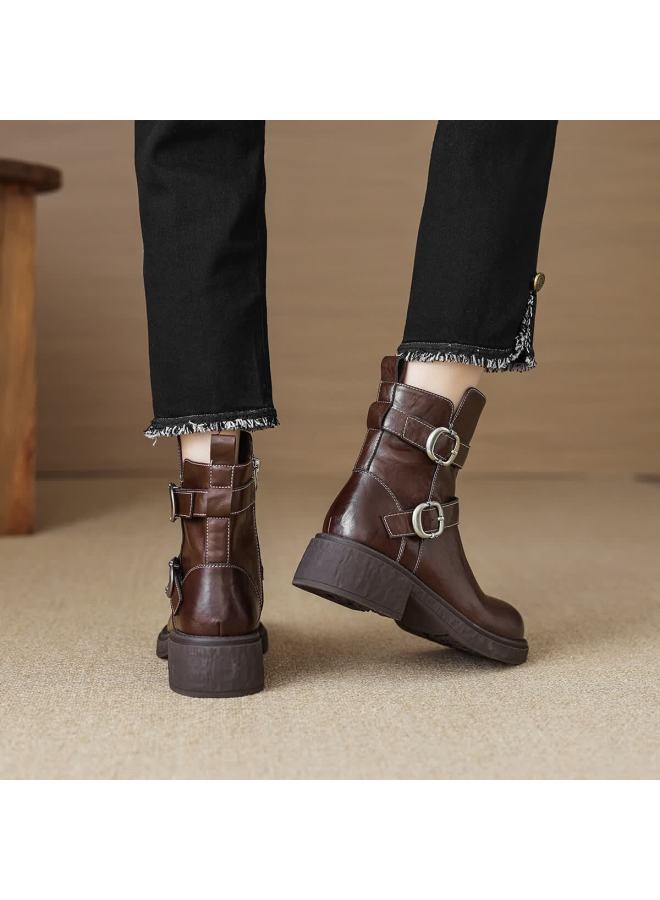 dme Demana Winter Fashion Trendy Sweet Cool Western Retro Round Toe Double Buckle Solid Color Knight Boots For Women - Image 4