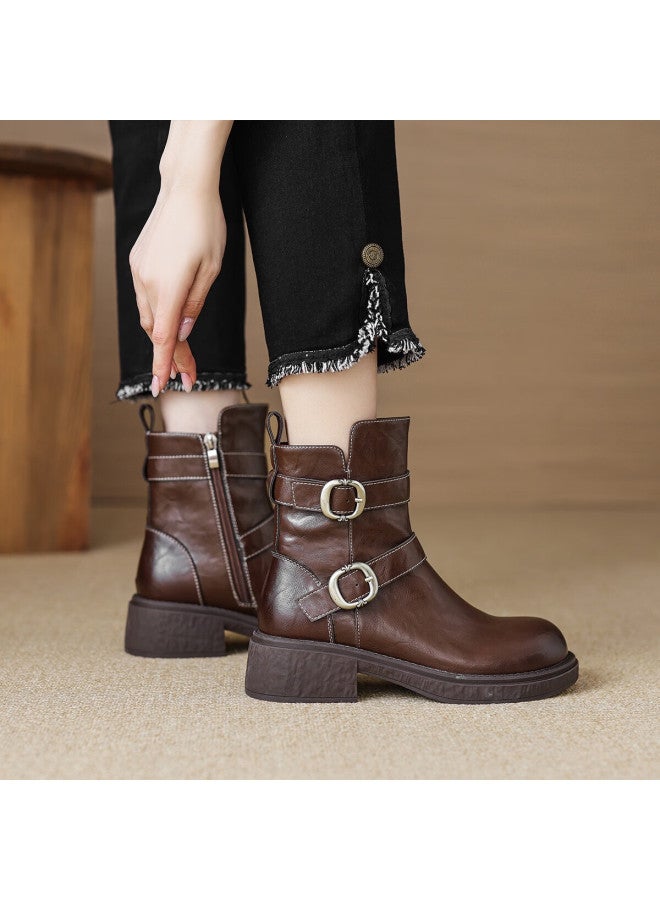 dme Demana Winter Fashion Trendy Sweet Cool Western Retro Round Toe Double Buckle Solid Color Knight Boots For Women - Image 5