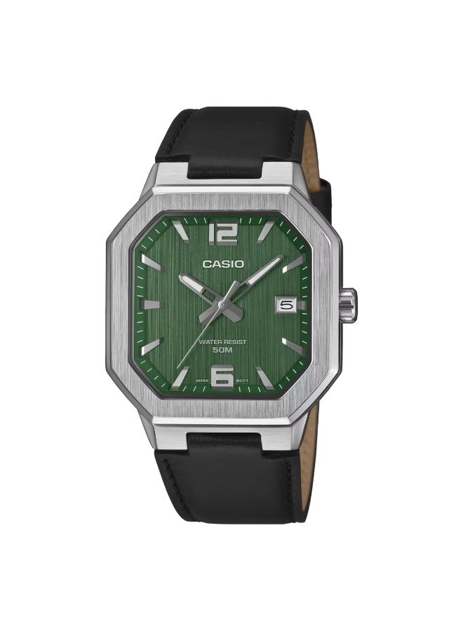 CASIO Analog Men's Watch MTP-B195L-3AVDF, 46.5 mm Textured Green Dial, Silver Stainless Steel Case & Black Leather Strap, 50m WR