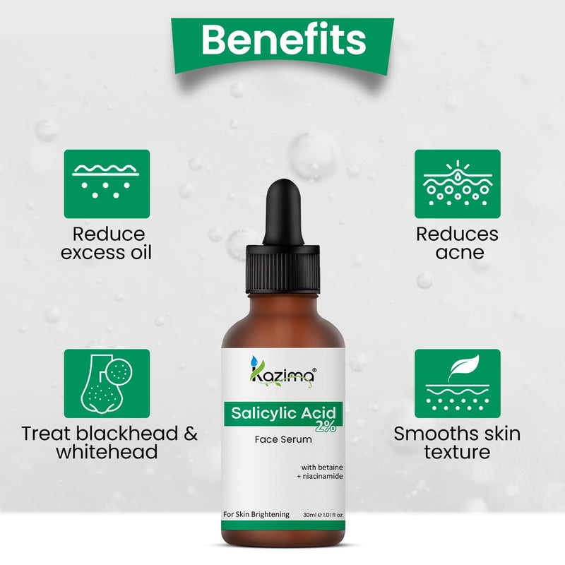 KAZIMA 2 Salicylic Acid Face Serum for Acne Blackheads  Open Pores  Reduces Excess Oil  Exfoliates Skin  Salicylic Acid Serum for Acneprone  Oily Skin  For Women  Men  30 ml - Image 2