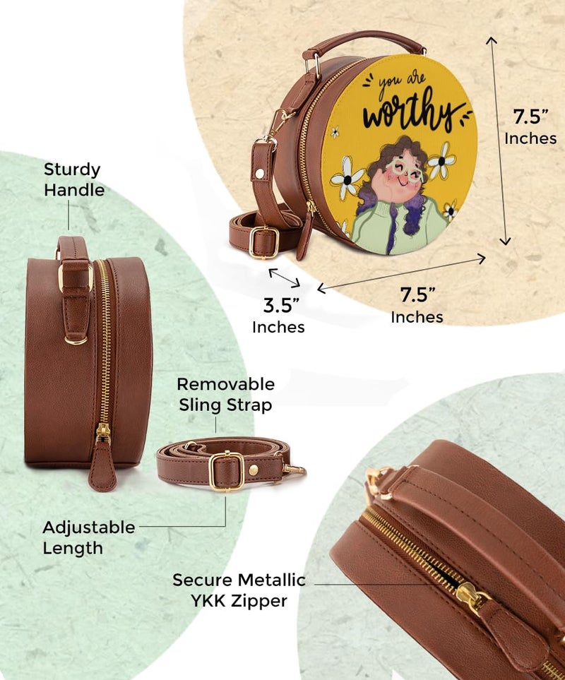 Kalankit Round Sling Bag & Wallet Combo for Girls | Handmade Vegan Leather Crossbody & Mini Wallet Set | Valentine’s & Birthday Gift Idea for Her & Friends | You Are Worthy - Image 5