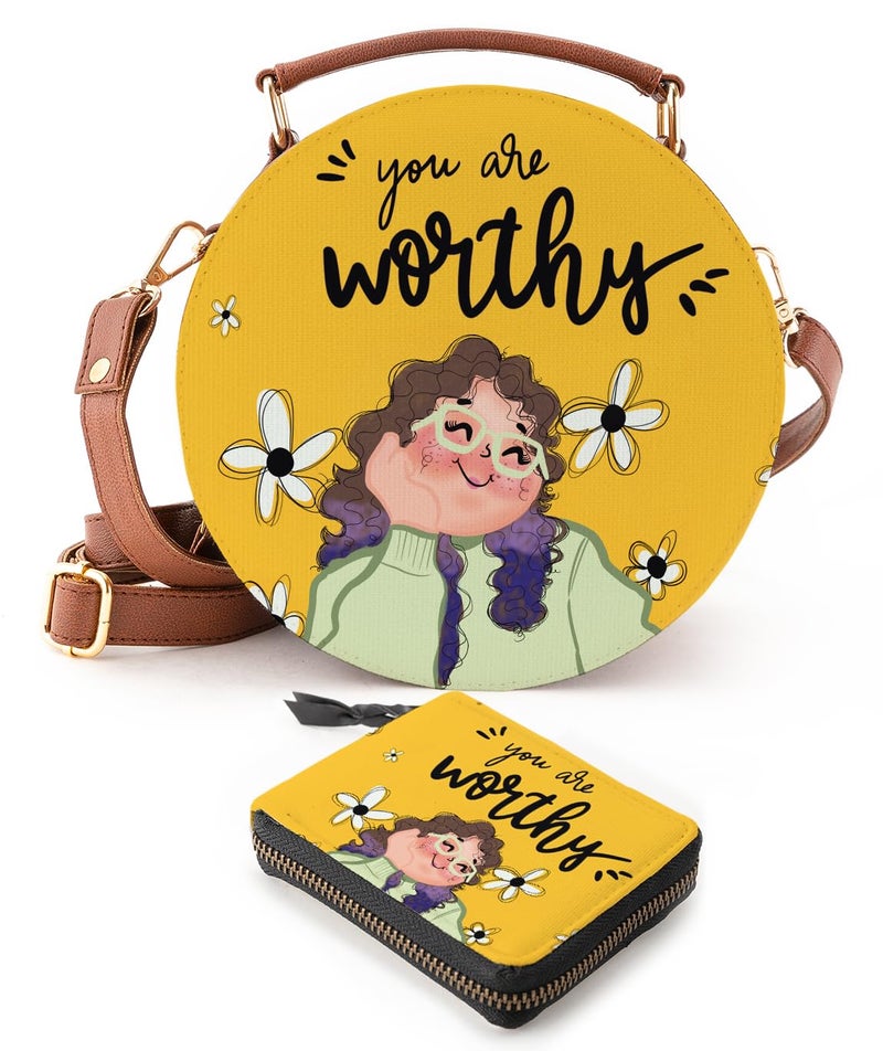 Kalankit Round Sling Bag & Wallet Combo for Girls | Handmade Vegan Leather Crossbody & Mini Wallet Set | Valentine’s & Birthday Gift Idea for Her & Friends | You Are Worthy - Image 1