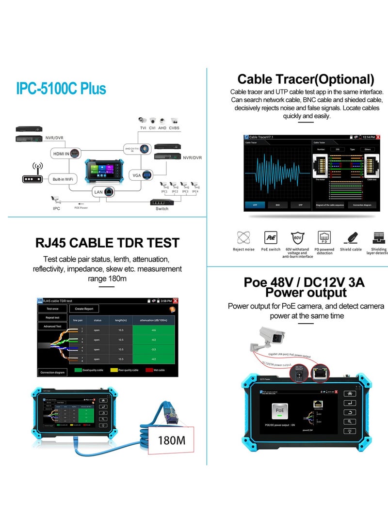 KASTWAVE - 8MP IP Camera Tester with Cable Tracer, IPC-5100C Plus AHD CVI TVI CVBS IP Camera Test 4K HD Display Video Monitor 5inch IPS Touch Screen IPC Tester Support POE PTZ WiFi RS485 HDMI & VGA - Image 1