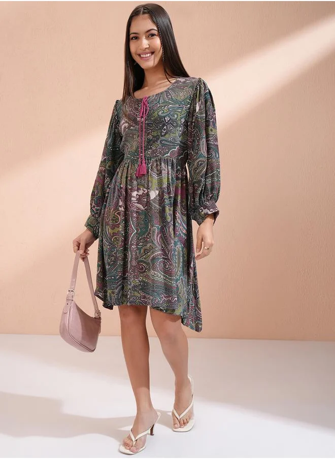 فيشود Vishudh Women Paisley Print Tie-Up Neck A-Line Knee-Length Dress