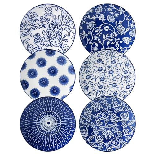 Cerkik Ceramic Dessert Plates Set 6 Inch Mini Appetizer Plates for Kitchen Small Salad Plate for Cake Snacks Side Dish Microwave Dishwasher Safe Gift Vintage Blue - Image 1
