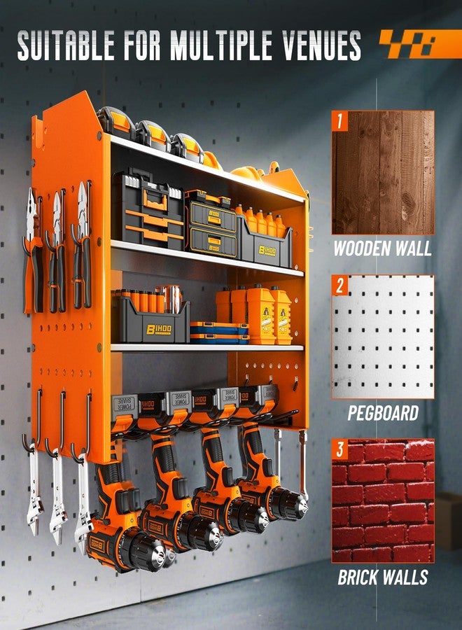 BIHOO 4 Tier Garage Tool Organizer, Drill Holder Wall Mount,Power Tool Storage,Heavy Duty Rack with Hooks,Mens Gifts Orange - Image 2