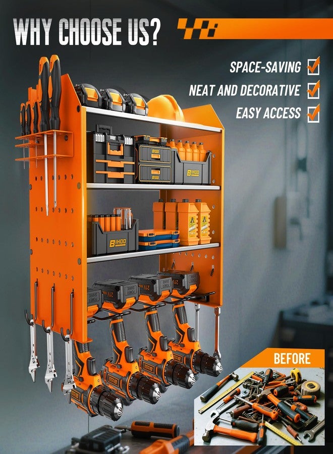 BIHOO 4 Tier Garage Tool Organizer, Drill Holder Wall Mount,Power Tool Storage,Heavy Duty Rack with Hooks,Mens Gifts Orange - Image 5