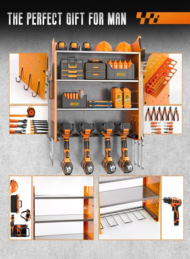 BIHOO 4 Tier Garage Tool Organizer, Drill Holder Wall Mount,Power Tool Storage,Heavy Duty Rack with Hooks,Mens Gifts Orange - Image 3