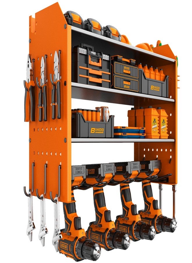 BIHOO 4 Tier Garage Tool Organizer, Drill Holder Wall Mount,Power Tool Storage,Heavy Duty Rack with Hooks,Mens Gifts Orange - Image 1