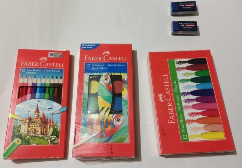 Faber Castell Fabercastell 12 liter Dry Color - Faber 12 liter Watercolor - Faber 12 liter Crayon Faber Pritt - 2 liter Eraser Set Faber