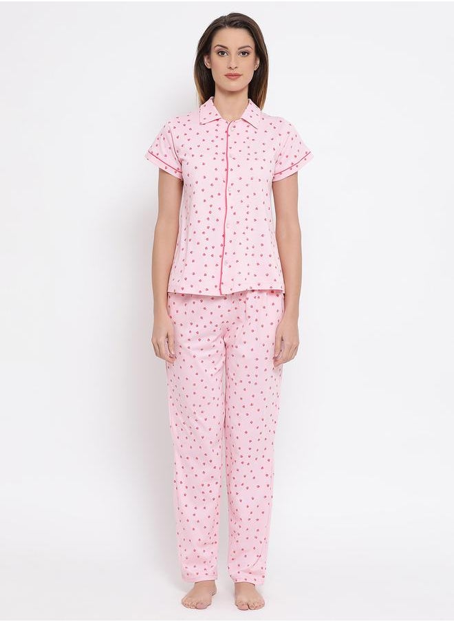 Clovia Strawberry Print Button Down Shirt & Pyjama Set by Styli  - Image 1